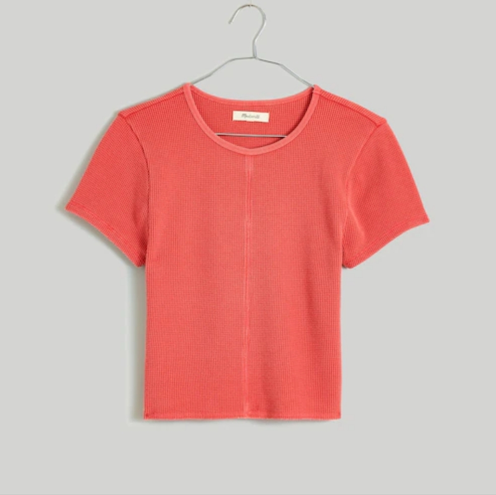 Madewell Waffle Knit Crewneck Short Sleeve Crop Tee Shirt Coral Medium
